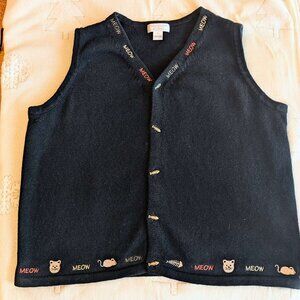 Vintage Christopher & Banks Cat Embroidered Black Sweater Vest Large